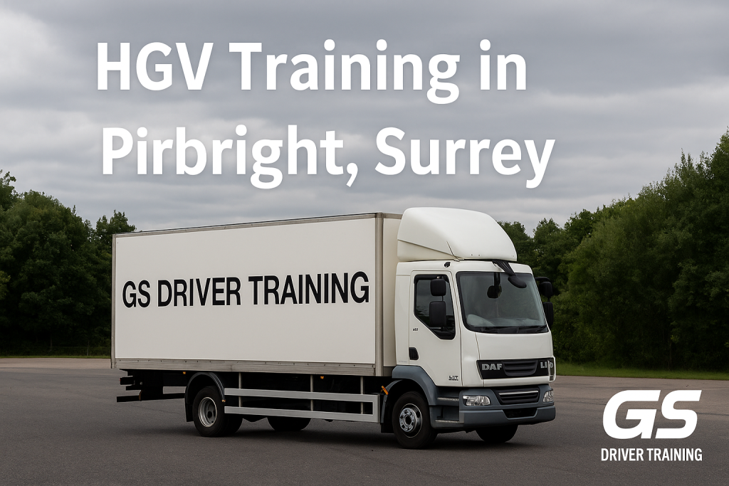A white DAF LF HGV training truck with “GS Driver Training” displayed on the trailer is parked on a paved training area in Pirbright, Surrey. The sky is overcast, and trees form a green backdrop behind the vehicle. Bold white text above reads “HGV Training in Pirbright, Surrey.”