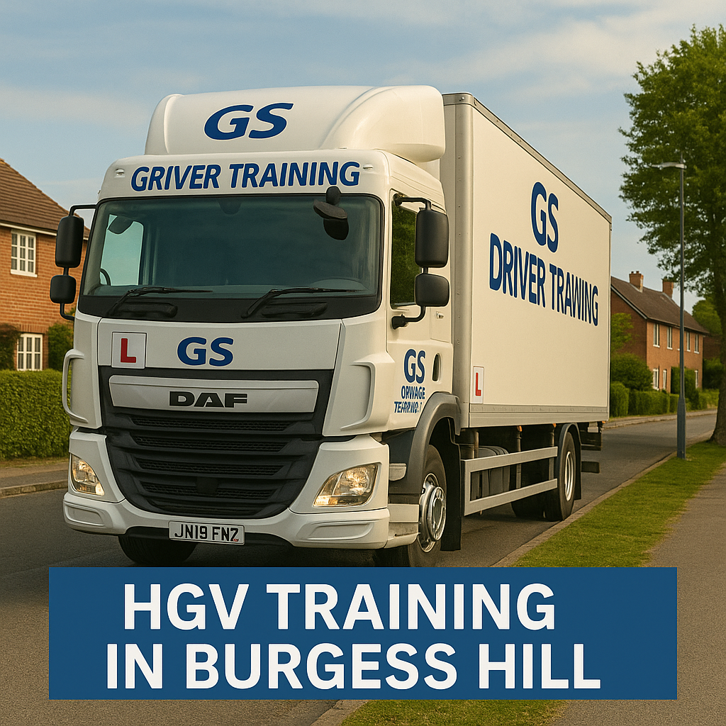 HGV Training in Burgess Hill A white DAF lorry with GS Driver Training branding and red learner "L" plates is parked on a quiet residential street in Burgess Hill. The truck displays bold blue "GS DRIVER TRAINING" lettering on both the cab and trailer. Red-brick houses and neatly trimmed hedges line the background, with a clear blue sky above. A blue banner at the bottom of the image reads "HGV TRAINING IN BURGESS HILL" in white capital letters.