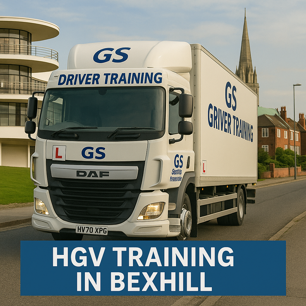 HGV Training in Bexhill A white DAF lorry with GS Driver Training branding and red learner "L" plates is parked on a road in Bexhill. The truck features bold blue "GS DRIVER TRAINING" text on the cab and trailer. In the background, the modernist De La Warr Pavilion contrasts with traditional red-brick buildings and a church spire. The image is lit by natural daylight, and a blue banner at the bottom reads "HGV TRAINING IN BEXHILL" in white capital letters.