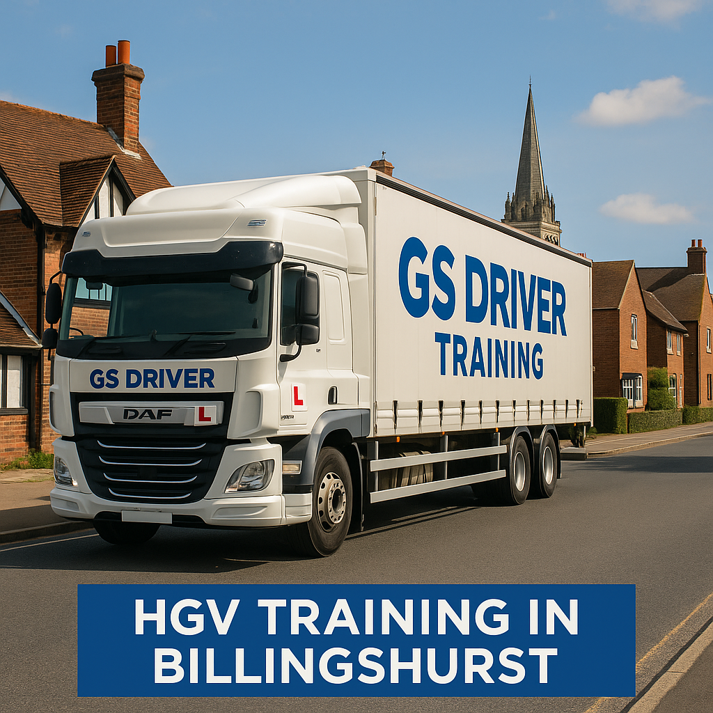 HGV Training in Billingshurst A white DAF HGV with GS Driver Training branding and red learner "L" plates is parked on a sunny street in Billingshurst, West Sussex. The truck features bold blue "GS DRIVER TRAINING" text on the side of the trailer and cab. Traditional red-brick and timber-framed houses line the road, with a church spire visible in the background under a clear blue sky. A blue banner at the bottom of the image reads "HGV TRAINING IN BILLINGSHURST" in white capital letters.