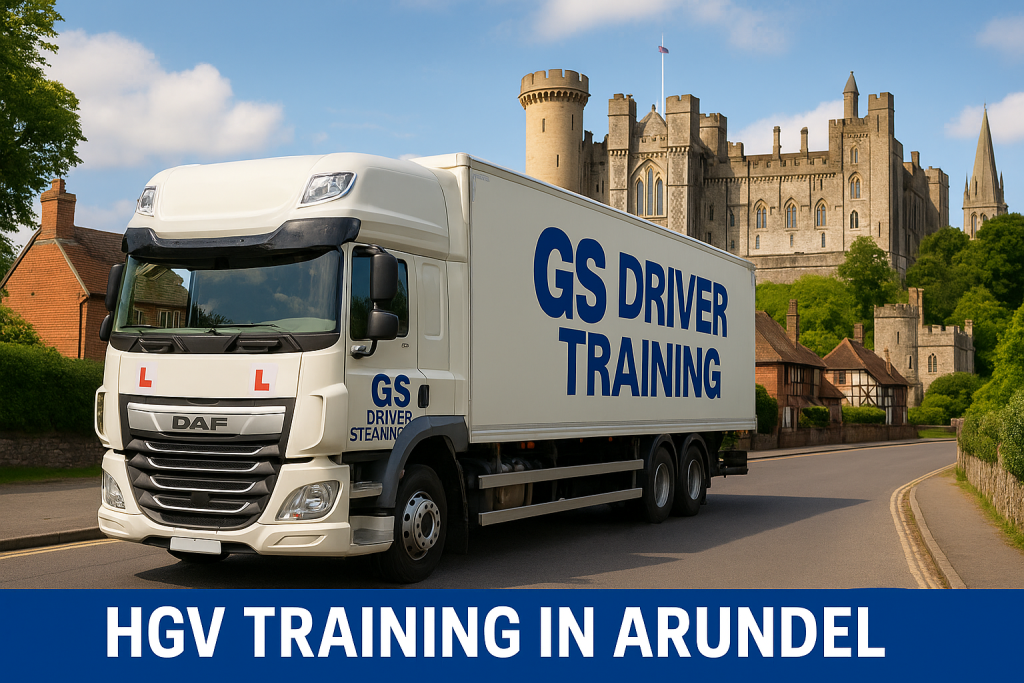 HGV Training in Arundel A white DAF lorry with GS Driver Training branding and two red learner "L" plates is parked on a curving road in Arundel, West Sussex. The truck features bold blue "GS DRIVER TRAINING" text on the side of the trailer and the cab. Behind the vehicle, the historic Arundel Castle rises prominently, surrounded by lush greenery and traditional buildings. A blue banner at the bottom of the image reads "HGV TRAINING IN ARUNDEL" in white capital letters.