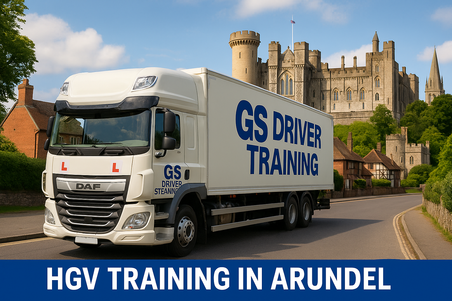 HGV Training in Arundel A white DAF lorry with GS Driver Training branding and two red learner "L" plates is parked on a curving road in Arundel, West Sussex. The truck features bold blue "GS DRIVER TRAINING" text on the side of the trailer and the cab. Behind the vehicle, the historic Arundel Castle rises prominently, surrounded by lush greenery and traditional buildings. A blue banner at the bottom of the image reads "HGV TRAINING IN ARUNDEL" in white capital letters.