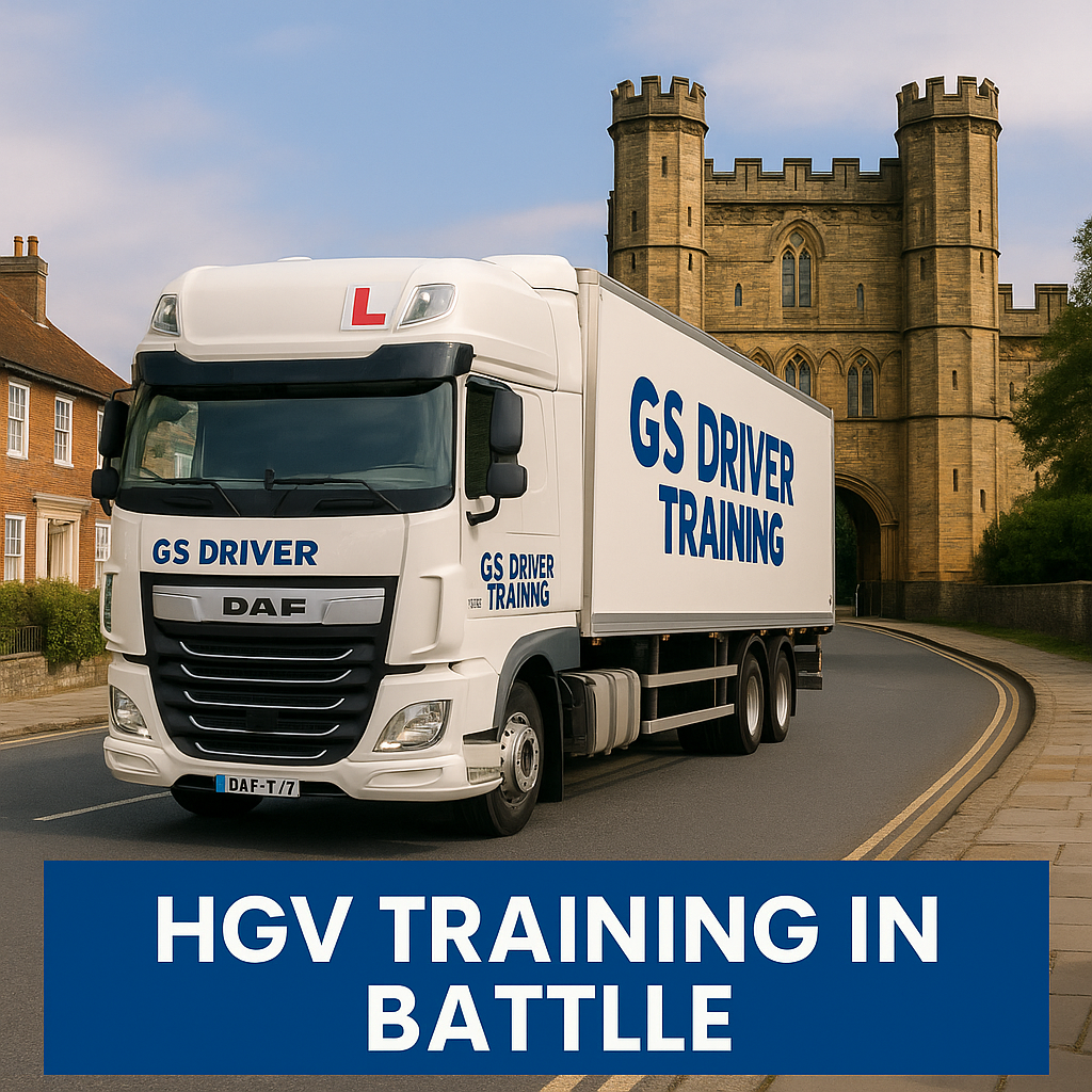 HGV Training in Battle A white DAF lorry with GS Driver Training branding and a red learner "L" plate is parked on a curved road in Battle, East Sussex. The truck features bold blue "GS DRIVER TRAINING" text on the trailer and cab. In the background, the historic Gatehouse of Battle Abbey stands prominently with its medieval stone architecture and towers. A blue banner at the bottom reads "HGV TRAINING IN BATTLE" in white capital letters.