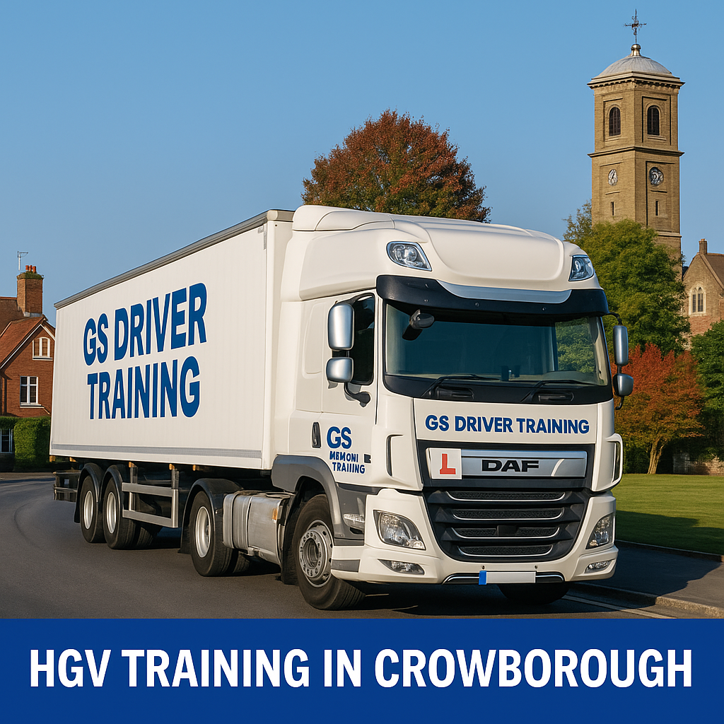 HGV Training in Crowborough A white DAF lorry with GS Driver Training branding and a red learner "L" plate is parked on a curved road in Crowborough, East Sussex. The truck displays bold blue "GS DRIVER TRAINING" text on the side of the trailer and cab. Behind it, red-brick houses, a tall clock tower, and vibrant autumn trees add depth to the scene under a clear blue sky. A blue banner at the bottom reads "HGV TRAINING IN CROWBOROUGH" in white capital letters.