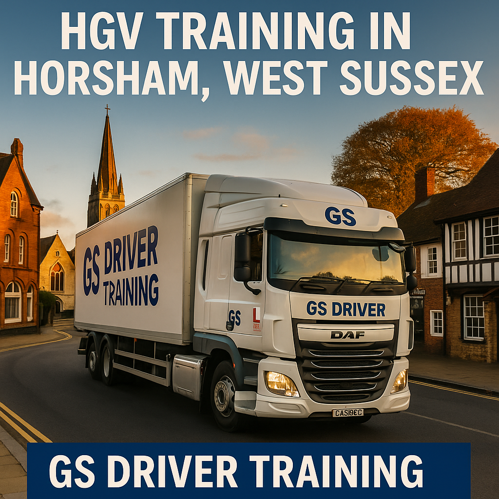image generator said:HGV TRAINING IN HORSHAM, WEST SUSSEX — A white DAF lorry with GS Driver Training branding and a red learner "L" plate drives along a curved road in Horsham, West Sussex. The truck features bold blue "GS DRIVER TRAINING" text on the cab and trailer. Surrounding it are traditional Victorian and Tudor-style buildings, a church with a tall spire, and an autumn tree under a clear sky during golden hour. White text at the top reads "HGV TRAINING IN HORSHAM, WEST SUSSEX," with a blue banner at the bottom reading "GS DRIVER TRAINING" in white capital letters.
