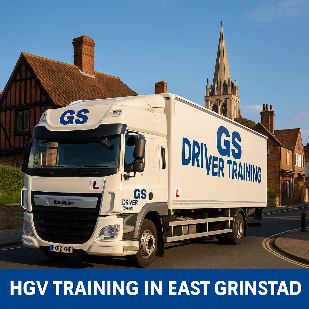 HGV Training in East Grinstead A white DAF lorry with GS Driver Training branding and red learner "L" plates is parked on a curving road in East Grinstead, West Sussex. The truck features bold blue "GS DRIVER TRAINING" text on the trailer and cab. Behind it, traditional timber-framed and red-brick buildings line the street, with a tall church spire rising in the background under a clear blue sky. A blue banner at the bottom reads "HGV TRAINING IN EAST GRINSTEAD" in white capital letters.