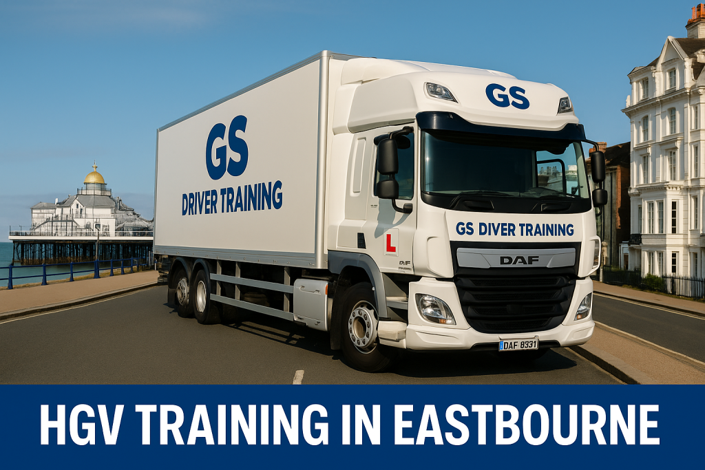 HGV Training in Eastbourne A white DAF HGV with GS Driver Training branding and a red learner "L" plate is parked on Eastbourne’s seaside promenade. The truck features bold blue "GS DRIVER TRAINING" text on the cab and trailer. In the background, the iconic Eastbourne Pier extends over the sea, framed by Victorian buildings and a clear blue sky. A blue banner at the bottom reads "HGV TRAINING IN EASTBOURNE" in white capital letters.