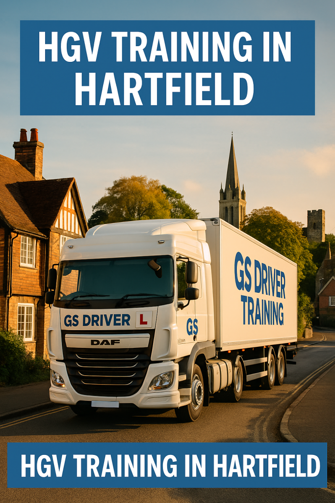 HGV Training in Hartfield A white DAF HGV with GS Driver Training branding and a red learner "L" plate is parked on a curving road in Hartfield, East Sussex. The truck features bold blue "GS DRIVER TRAINING" text on the cab and trailer. The background includes traditional Tudor-style cottages, autumn-colored trees, and a tall church spire under a golden evening sky. A blue banner at the top and bottom of the image reads "HGV TRAINING IN HARTFIELD" in white capital letters.