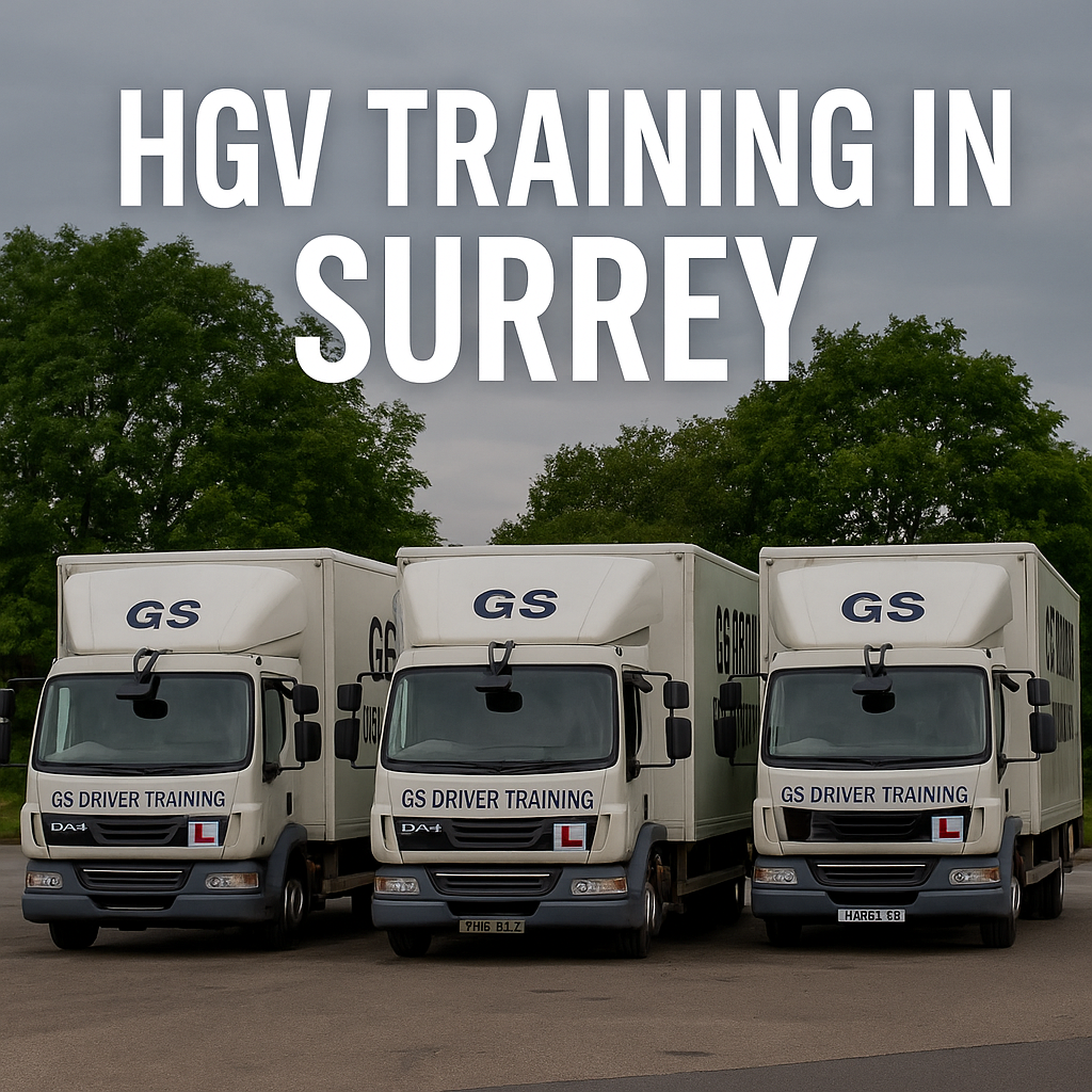 HGV training vehicles from GS Driver Training parked in Surrey, featuring clear branding and L-plates, emphasizing professional driver training services.