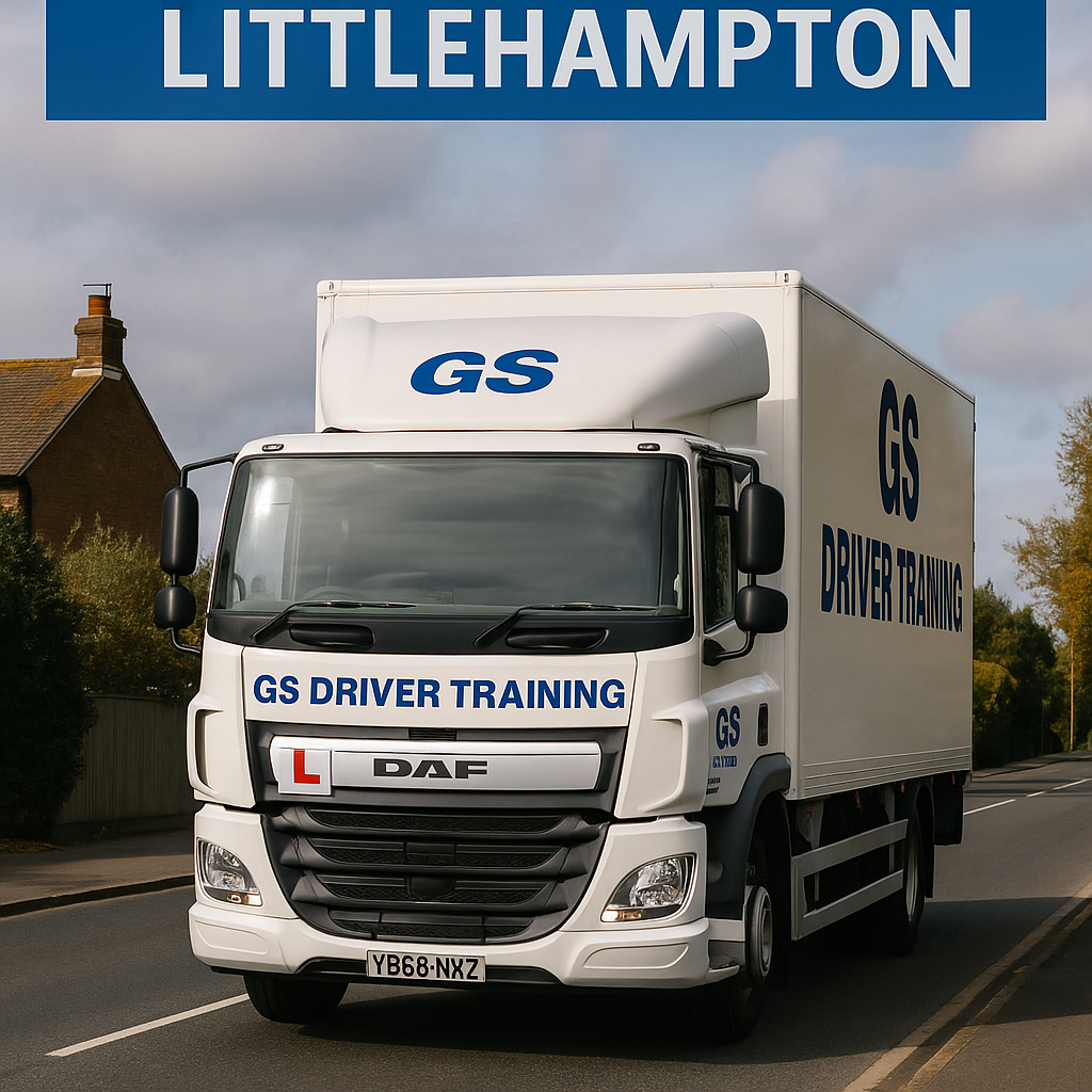 HGV TRAINING IN LITTLEHAMPTON — A white DAF HGV with GS Driver Training branding and a red learner "L" plate is driving along a two-lane road in Littlehampton, West Sussex. The truck features bold blue "GS DRIVER TRAINING" text across the front, side, and cab. The background includes a brick house, green trees, and a cloudy sky. A large blue banner above the vehicle reads "LITTLEHAMPTON" in white capital letters.