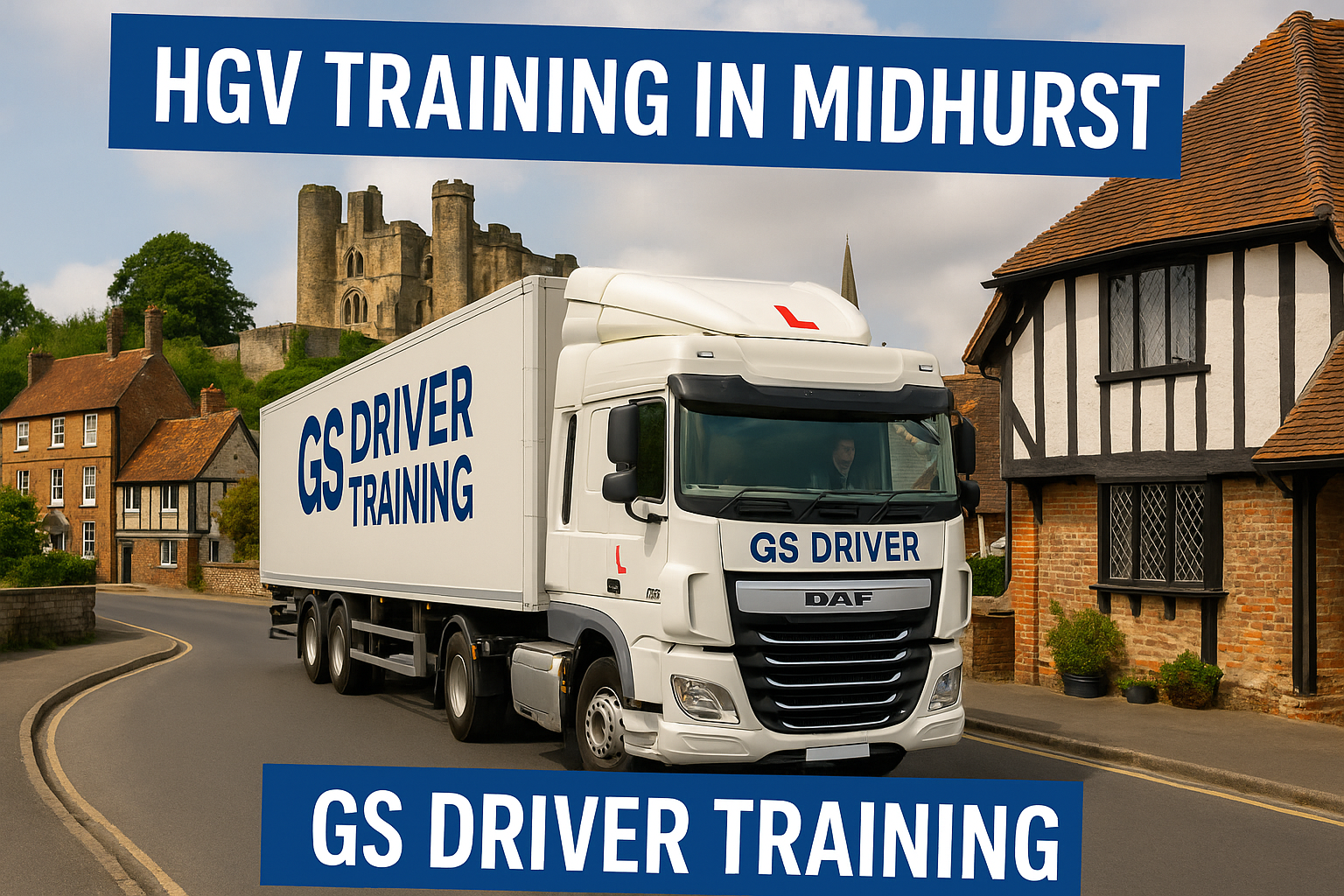 HGV TRAINING IN MIDHURST — A white DAF HGV with GS Driver Training branding and a red learner "L" plate is driving through a winding street in Midhurst, West Sussex. The truck features bold blue "GS DRIVER TRAINING" text on the cab and trailer. In the background, Midhurst Castle towers above timber-framed cottages and red-brick homes under a clear blue sky. Blue banners at the top and bottom display “HGV TRAINING IN MIDHURST” and “GS DRIVER TRAINING” in white capital letters.