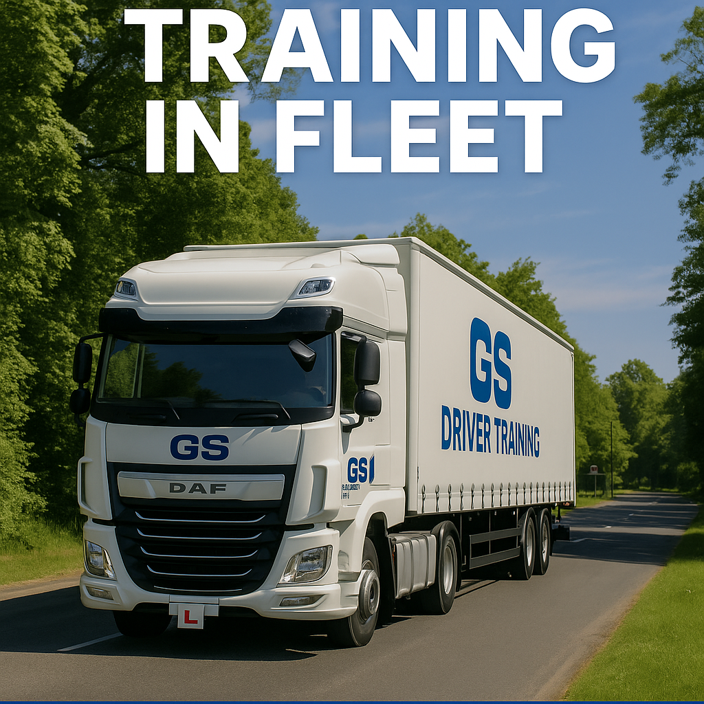 HGV TRAINING IN FLEET — A white DAF HGV with GS Driver Training branding and a red learner "L" plate is seen driving along a quiet, tree-lined road in Fleet, Hampshire. The truck features bold blue "GS DRIVER TRAINING" text on the trailer and "GS" on the cab. The background is filled with lush green trees and a clear blue sky, with large white text reading "TRAINING IN FLEET" overlaying the top of the image.