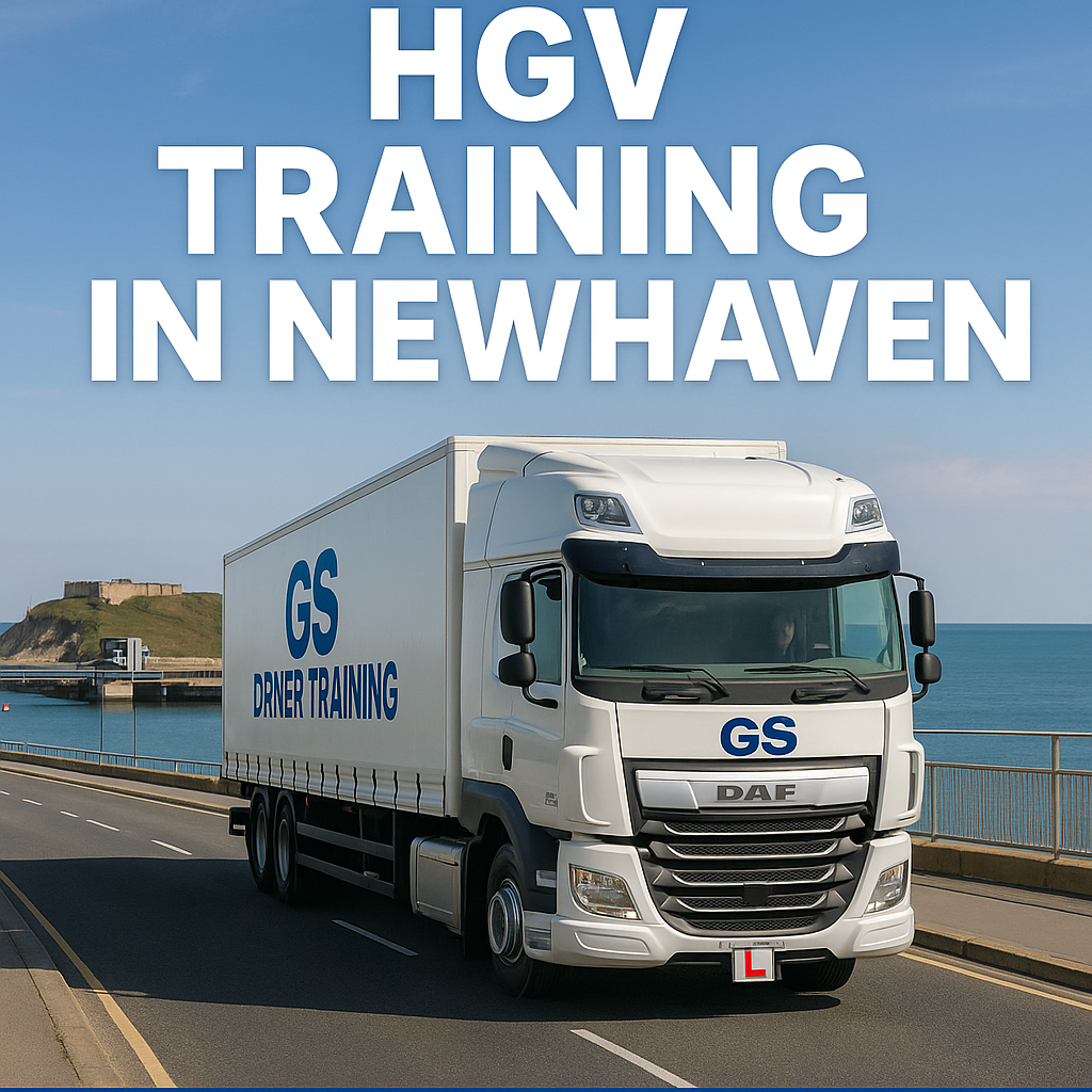 HGV TRAINING IN NEWHAVEN — A white DAF HGV with GS Driver Training branding and a red learner "L" plate drives along the coastal road in Newhaven, East Sussex. The truck features bold blue "GS DRIVER TRAINING" text on its side and front. In the background, Newhaven Fort and the harbor are visible under a clear blue sky. Large white text above the truck reads "HGV TRAINING IN NEWHAVEN."