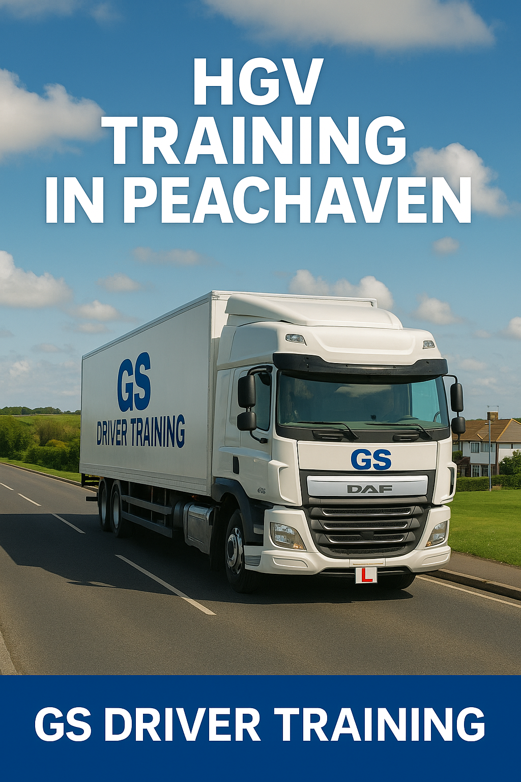 HGV TRAINING IN PEACEHAVEN — A white DAF HGV with GS Driver Training branding and a red learner "L" plate is pictured driving along a smooth road in Peacehaven, East Sussex. The vehicle features bold blue "GS DRIVER TRAINING" text on both the cab and trailer. It’s framed by green grass, residential homes, and a clear blue sky dotted with fluffy clouds. A blue banner at the bottom reads "GS DRIVER TRAINING" in white capital letters. Note: the word “PEACEHAVEN” is misspelled as “PEACHAVEN” in the original image.