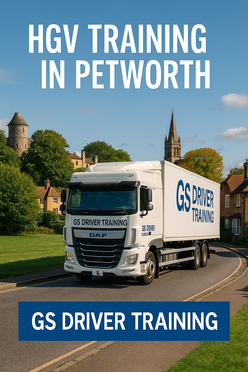 HGV TRAINING IN PETWORTH — A white DAF HGV with GS Driver Training branding and a red learner "L" plate is parked on a winding village road in Petworth, West Sussex. The truck displays bold blue "GS DRIVER TRAINING" text on both the cab and trailer. Behind it, the historic stone facade of Petworth House and surrounding countryside architecture are visible under a partly cloudy sky. Blue banners frame the image, displaying "HGV TRAINING IN PETWORTH" in white capital letters.