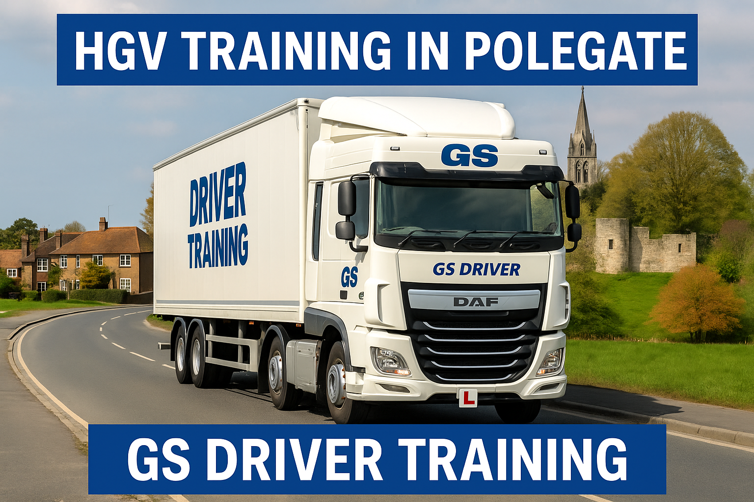 HGV TRAINING IN POLEGATE — A white DAF HGV with GS Driver Training branding and a red learner "L" plate is driving through a residential street in Polegate, East Sussex. The truck features bold blue "GS DRIVER TRAINING" text on the trailer and cab. Behind it, suburban houses and trees are set beneath a bright, partly cloudy sky. A blue banner across the bottom reads "GS DRIVER TRAINING" in white capital letters.