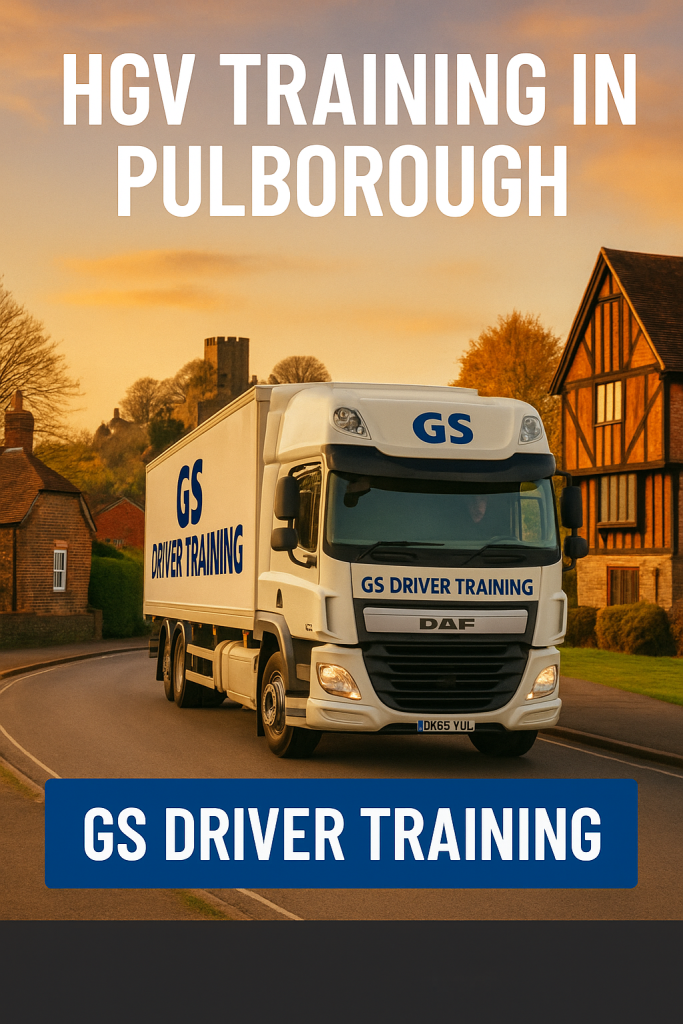 HGV TRAINING IN PULBOROUGH — A white DAF HGV with GS Driver Training branding and a red learner "L" plate is seen driving along a tree-lined road in Pulborough, West Sussex. The truck displays bold blue "GS DRIVER TRAINING" text on the trailer and cab. The backdrop includes traditional English houses and greenery beneath a bright, clear sky. A blue banner at the bottom reads "GS DRIVER TRAINING" in white capital letters.