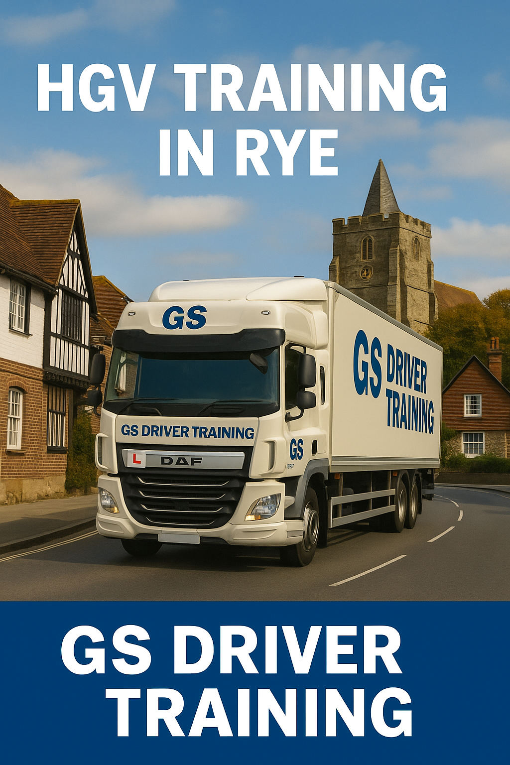 HGV TRAINING IN RYE — A white DAF HGV with GS Driver Training branding and a red learner "L" plate is driving through a historic street in Rye, East Sussex. The truck displays bold blue "GS DRIVER TRAINING" text on both the cab and trailer. In the background, timber-framed buildings and the tower of St. Mary’s Church rise against a blue sky with scattered clouds. Large white text at the top reads "HGV TRAINING IN RYE," and a bold blue banner at the bottom features "GS DRIVER TRAINING" in white capital letters.