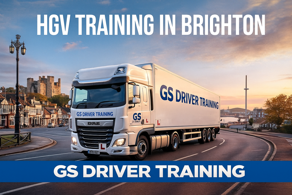 HGV TRAINING IN BRIGHTON — A white DAF HGV with GS Driver Training branding and red learner "L" plates is driving on a curved road along Brighton’s seafront. The truck features bold blue "GS DRIVER TRAINING" text on both the cab and trailer. Iconic Brighton landmarks, including Regency-style buildings and the British Airways i360 observation tower, appear in the background under a warm sunset sky. A blue banner at the bottom reads "GS DRIVER TRAINING" in bold white capital letters.