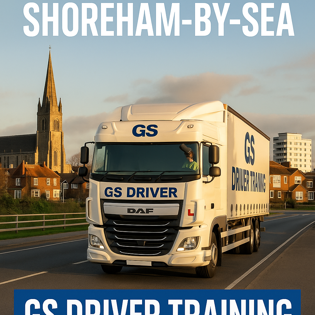 HGV TRAINING IN SHOREHAM-BY-SEA — A white DAF HGV with GS Driver Training branding and a red learner "L" plate is driving along a main road in Shoreham-by-Sea. The truck displays bold blue "GS DRIVER" text on the cab and "GS DRIVER TRAINING" on the trailer. In the background, the prominent spire of a Gothic church rises above red-brick houses, with a modern white apartment building further in the distance. The scene is lit by golden hour sunlight, and a blue banner at the bottom reads "GS DRIVER TRAINING" in white capital letters.