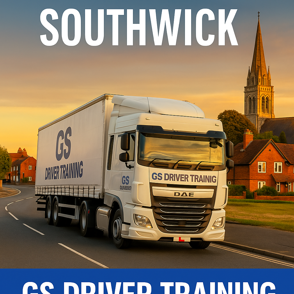 HGV TRAINING IN SOUTHWICK** — A white DAF HGV with GS Driver Training branding and a red learner "L" plate drives along a suburban road in Southwick, West Sussex. The vehicle features bold blue "GS DRIVER TRAINING" text on both the cab and trailer. In the background, a tall stone church spire rises behind red-brick houses under a warm, golden evening sky. A large blue banner at the top reads "SOUTHWICK" and another at the bottom reads "GS DRIVER TRAINING" in bold white capital letters.