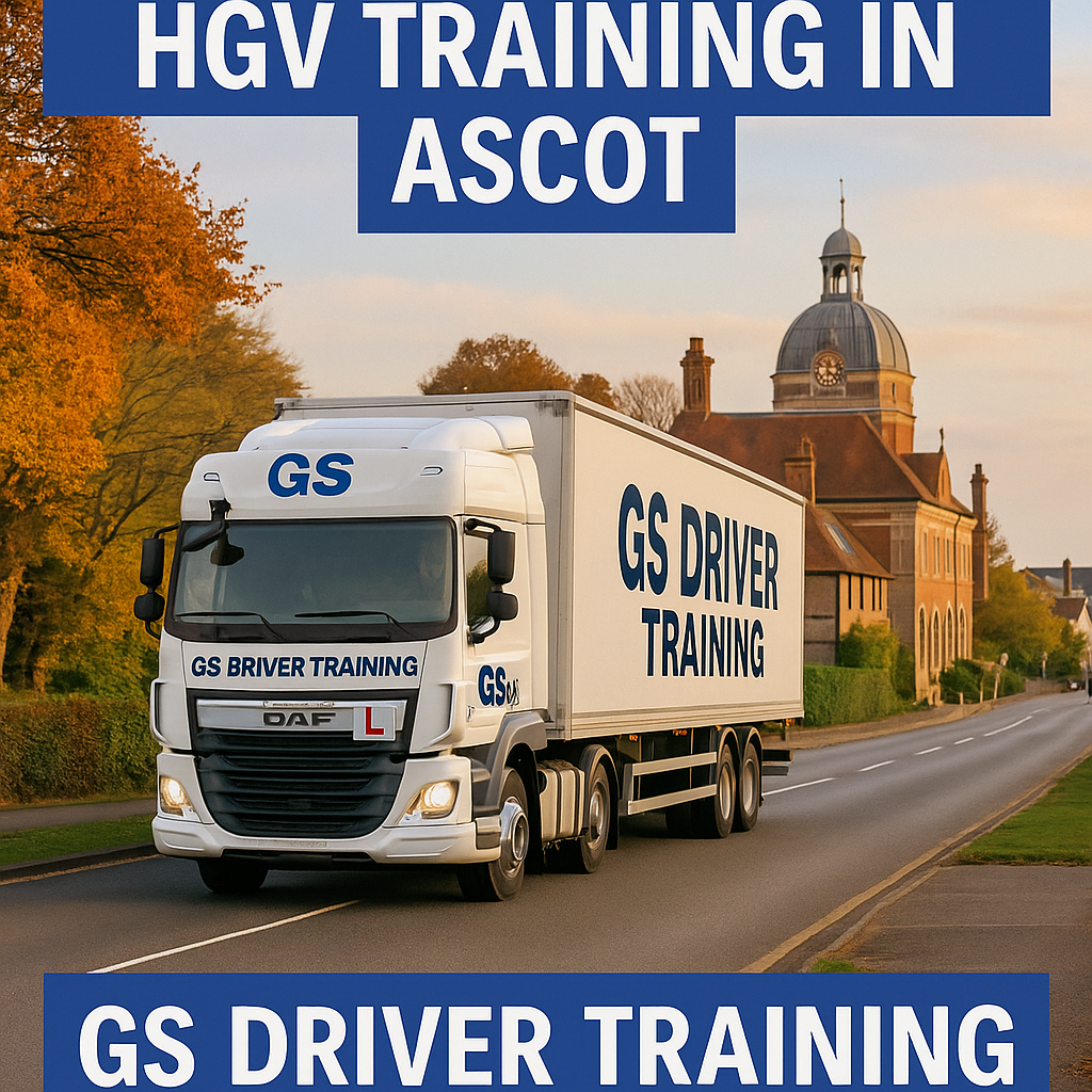 HGV TRAINING IN ASCOT — A white DAF HGV with GS Driver Training branding and a red learner "L" plate drives along a tree-lined road in Ascot, Berkshire. The truck features bold blue "GS DRIVER TRAINING" text on the cab and trailer. In the background, elegant Georgian-style buildings and green parkland appear beneath a bright sky. A blue banner at the bottom reads "GS DRIVER TRAINING" in white capital letters.