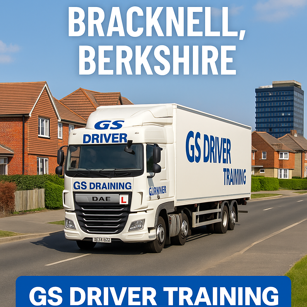 HGV TRAINING IN BRACKNELL, BERKSHIRE — A white DAF HGV with GS Driver Training branding and a red learner "L" plate is parked on a wide, quiet street in Bracknell, Berkshire. The truck displays bold blue "GS DRIVER TRAINING" text on the cab and trailer. In the background, contemporary brick buildings, young trees, and lamp posts line the road beneath a partly cloudy sky. A blue banner at the bottom reads "GS DRIVER TRAINING" in white capital letters.