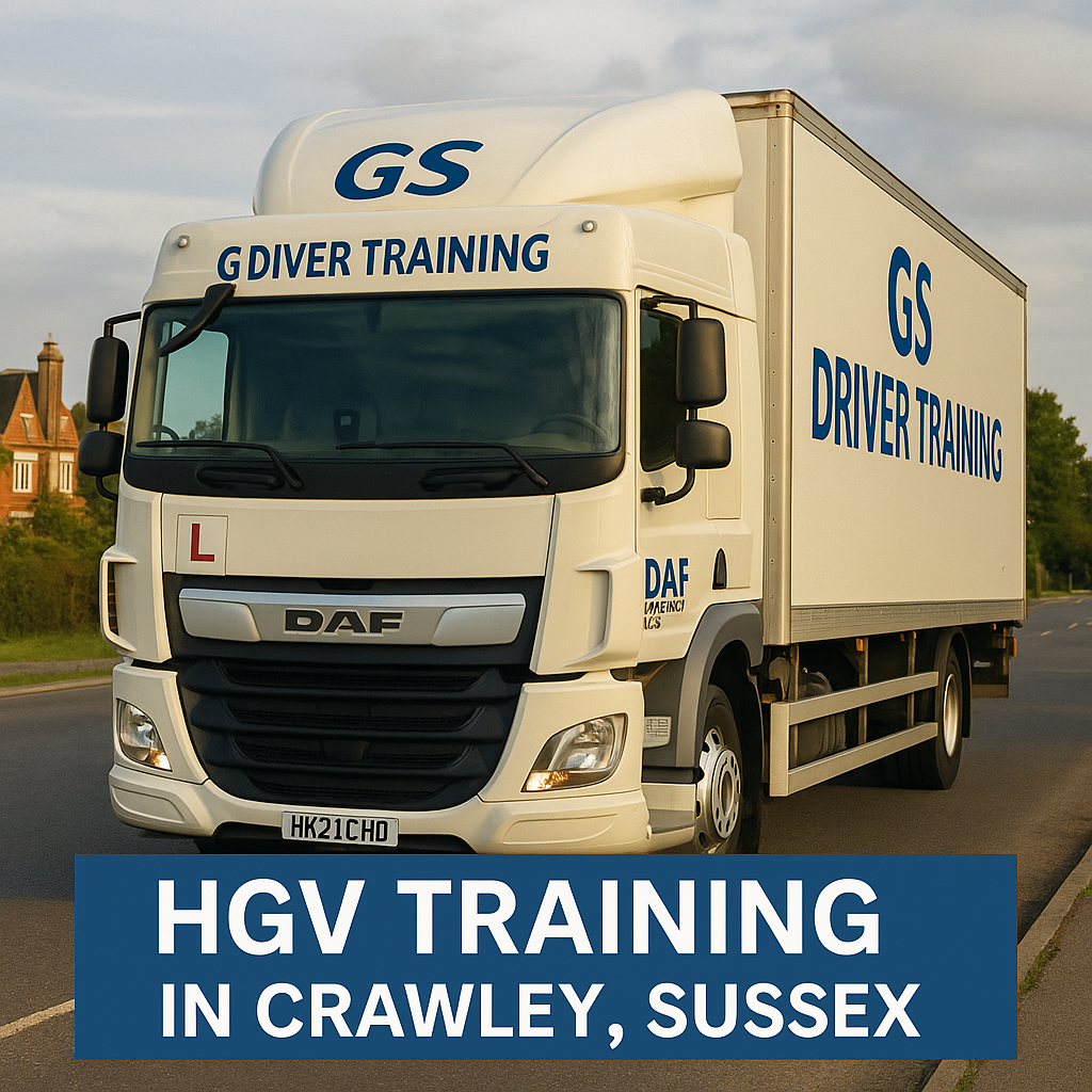 A white DAF training lorry with GS Driver Training livery and a learner plate is parked on a quiet road in Crawley, Sussex. The truck features bold blue branding and is positioned with a slight angle to show both the cab and trailer. In the background, a traditional red-brick house and green trees are visible under a partly cloudy sky. Text at the bottom reads "HGV TRAINING IN CRAWLEY, SUSSEX" in large white letters on a blue banner.