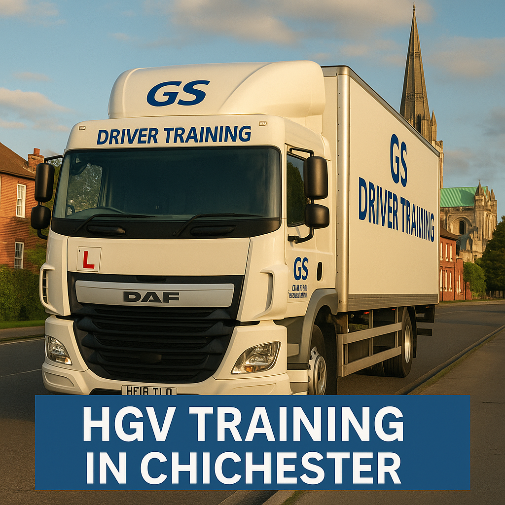 HGV Training in Chichester A white DAF lorry with GS Driver Training branding and a learner "L" plate is parked on a quiet road in Chichester, West Sussex. The truck is positioned near historic red-brick buildings, with Chichester Cathedral's spire prominently visible in the background. The vehicle features bold blue "GS DRIVER TRAINING" text, and the scene is illuminated by warm late afternoon sunlight. A blue banner at the bottom reads "HGV TRAINING IN CHICHESTER" in white capital letters.