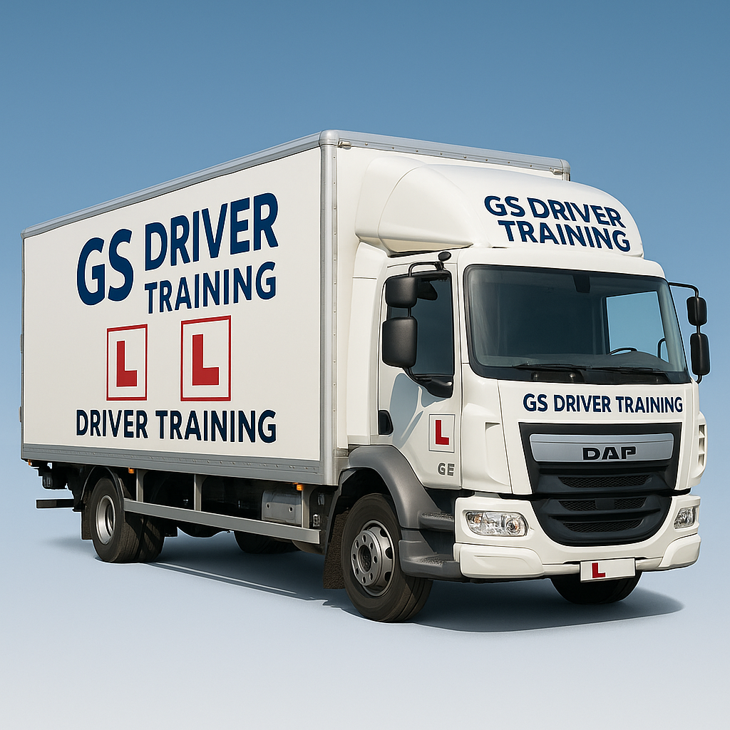 HGV Training in Burchetts Green “GS Driver Training DAF lorry with L plates, white box truck displaying GS Driver Training branding, used for HGV learner driver training.”