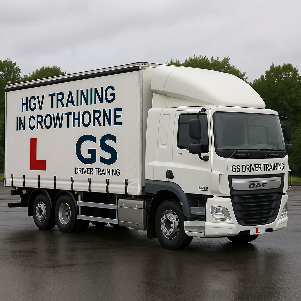 A white DAF training lorry with “HGV Training in Crowthorne,” a red “L” plate, and GS Driver Training branding is parked on wet asphalt. The scene includes green trees and a cloudy sky in the background.