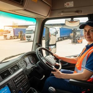 Professional LGV driver in a modern cab at a busy logistics hub